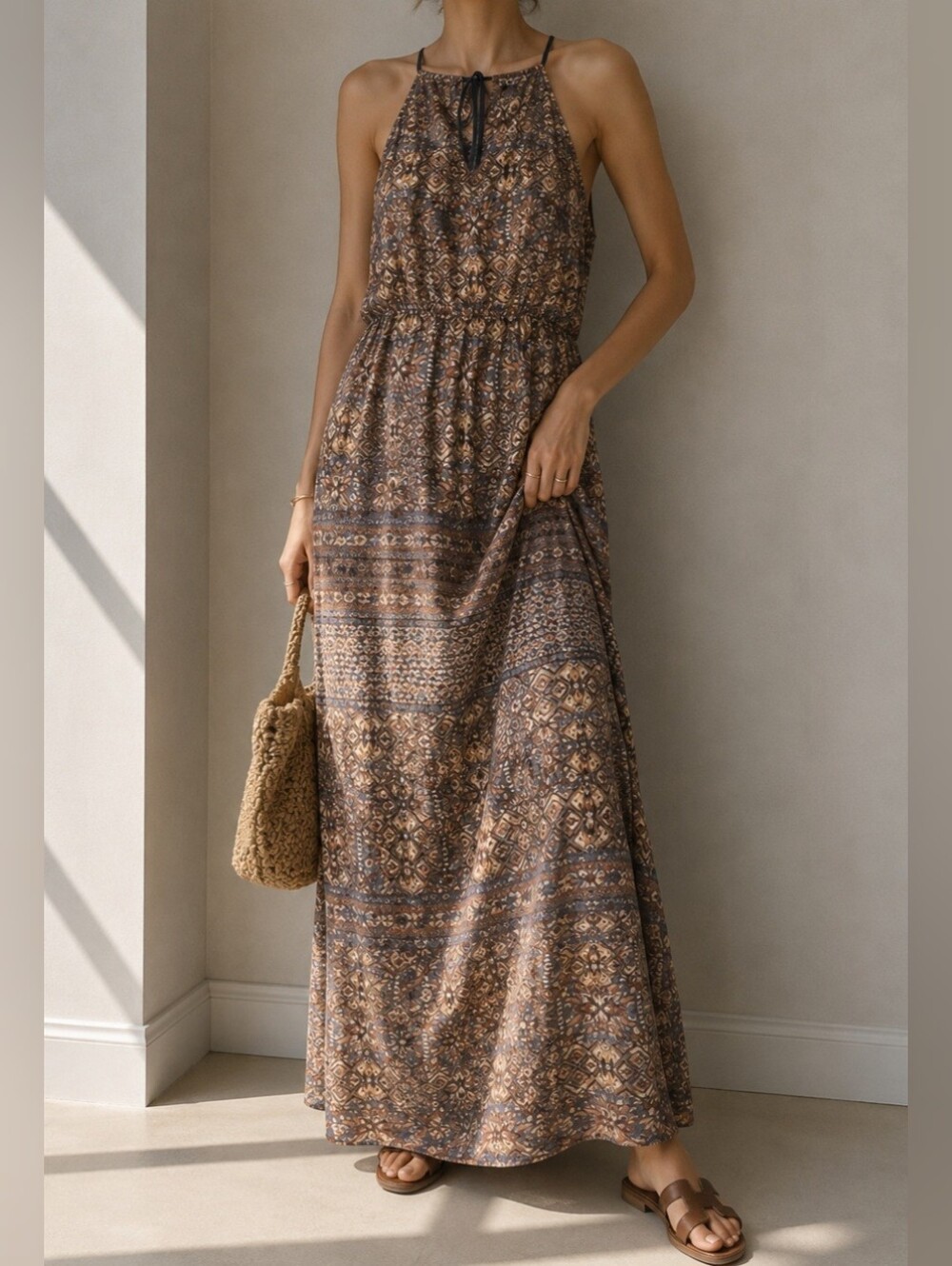 Daniel Cremieux Brown and Cream Patterned Halter Maxi Dress